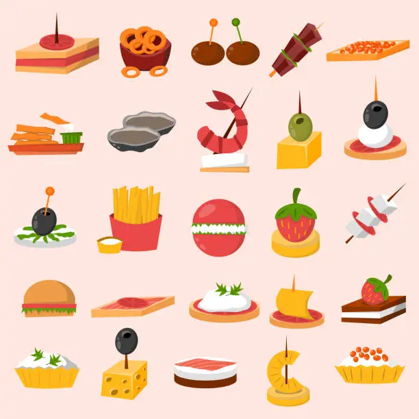 Vector illustration of Canape snacks appetizer vector set.