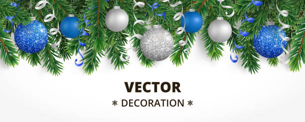 モミの木の花輪、ぶら下がりボールと水平クリスマスバナー - streamer ribbon party celebration点のイラスト素材／クリップアート素材／マンガ素材／アイコン素材