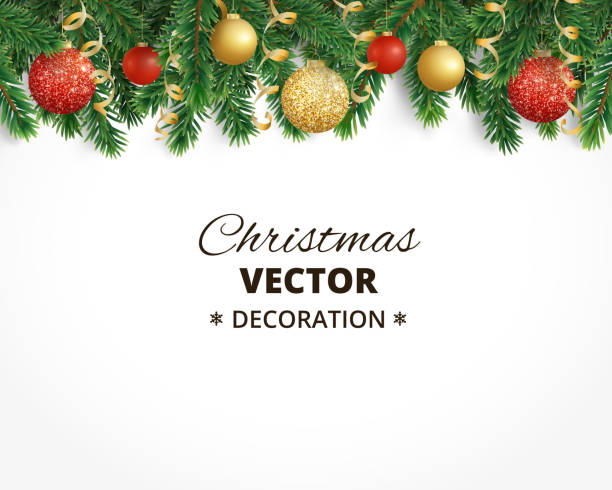 モミの木の花輪、ぶら下がりボールとリとクリスマスの背景 - streamer ribbon party celebration点のイラスト素材／クリップアート素材／マンガ素材／アイコン素材