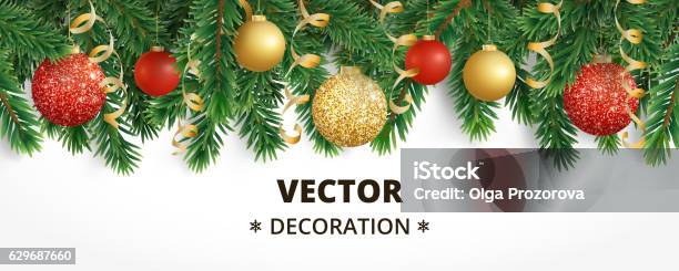 Horizontal Christmas Banner With Fir Tree Garland Hanging Balls Stock Illustration - Download Image Now