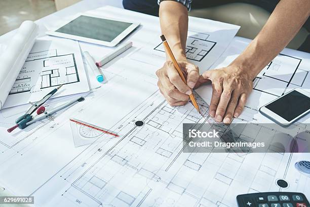 Drawing Blueprint Stock Photo - Download Image Now - Architect, Plan - Document, Planning