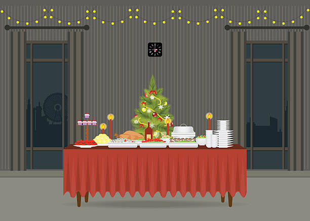 ilustrações de stock, clip art, desenhos animados e ícones de christmas food on the table decorating with christmas tree. - christmas table