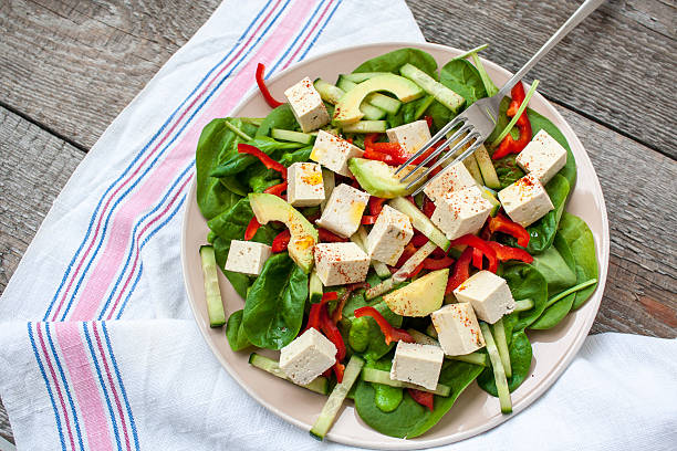 istock Green vegan salad with spinach and tofu 629693814