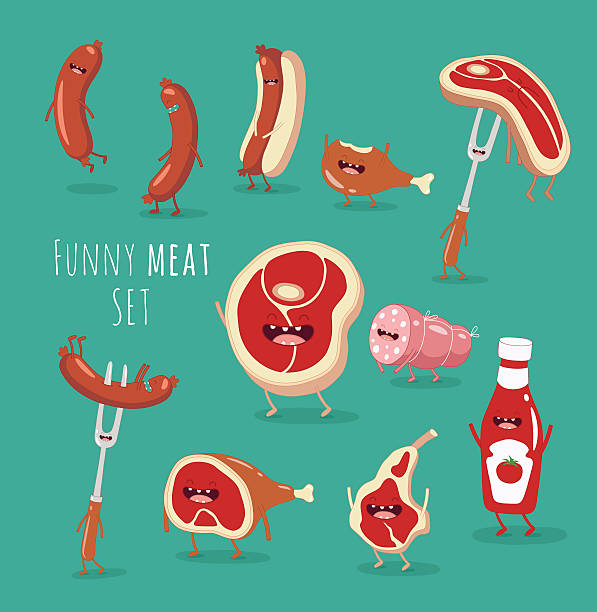 meat Set of funny meat. Sausage, steak, beef, ham, ketchup, chicken leg all the barbecue. vector illustration. meat cartoon stock illustrations