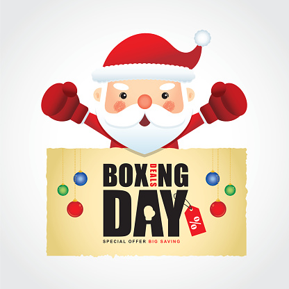 Happy Boxing Day. Cute santa claus wearing boxing gloves with boxing day sale calligraphic isolated on white. Vector illustration of boxing day sale.