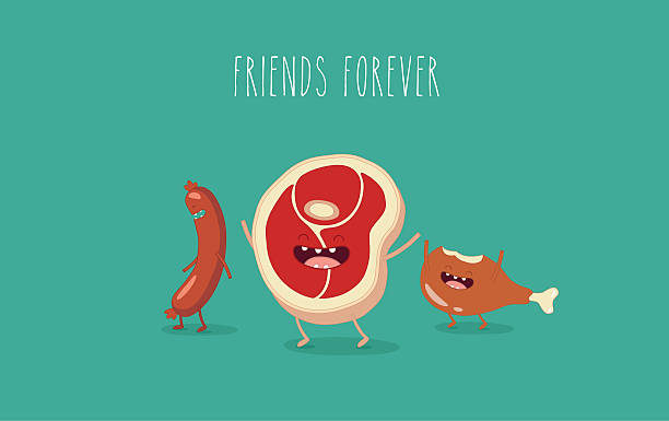 sausage Funny sausage, steak and chicken leg. Friend forever. Vector illustrations. meat cartoon stock illustrations