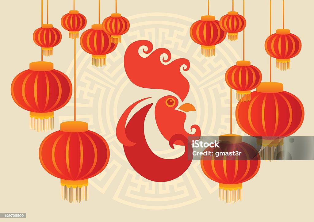 Happy New 2017 Year Rooster Bird Chinese Lantern Asian Horoscope Stock