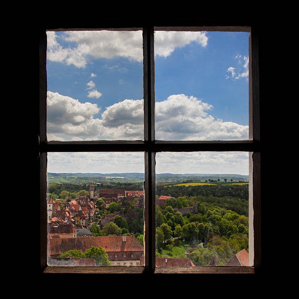 Beautiful medieval cityscape through window
