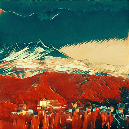 Landscape of mountain and village at the foot of the mountain, filtered photography