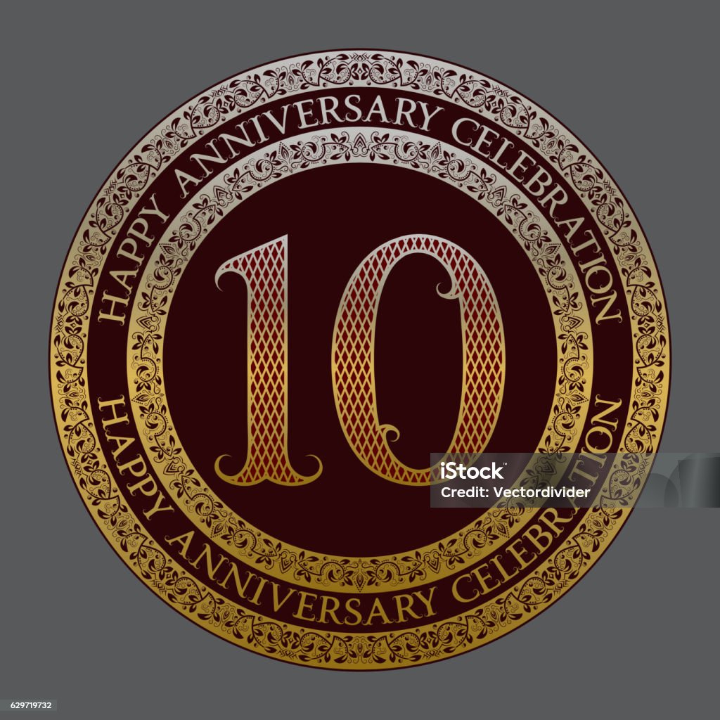 Tenth happy anniversary celebration symbol. Tenth happy anniversary celebration symbol. Golden maroon medal emblem in vintage style. 10-11 Years stock vector