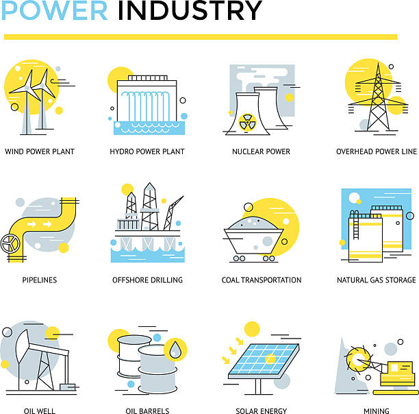 ilustraciones, imágenes clip art, dibujos animados e iconos de stock de iconos de la industria del poder. - estación hidroeléctrica