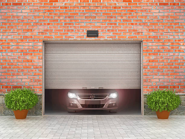 concepto de garaje. puertas de garaje y neumáticos alrededor. ilustración 3d - house detached house garage outdoors fotografías e imágenes de stock