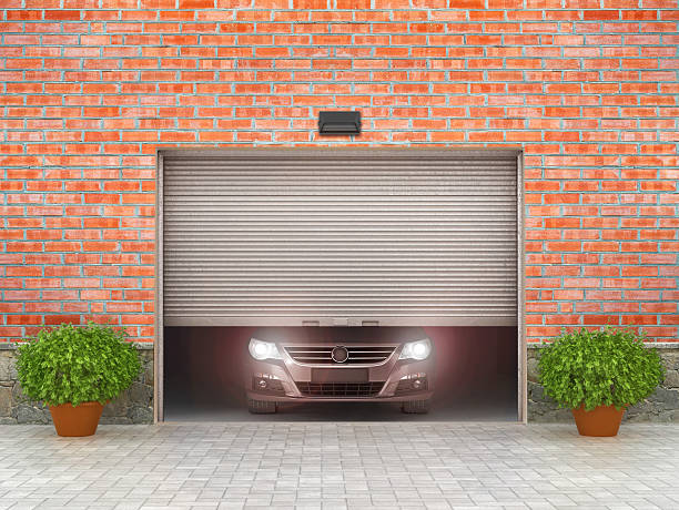 istock Garage concept. Garage doors and tire around. 3d illustration 629721716