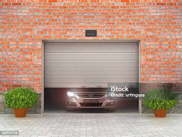 Garage Concept Garage Doors And Tire Around 3d Illustration Stock Photo - Download Image Now