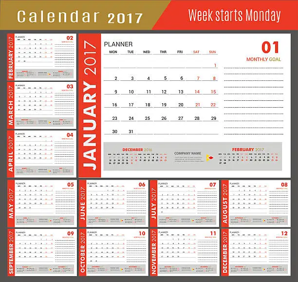 Vector illustration of January-December for Calendar  2017 year.Week starts Monday.