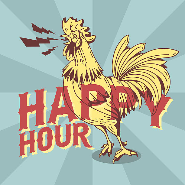 Happy Hour New Vintage Poster Design With Crowing Rooster Drawin Stock  Illustration - Download Image Now - iStock