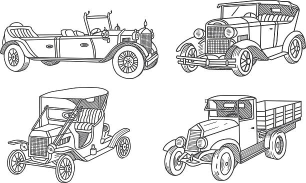 ilustrações de stock, clip art, desenhos animados e ícones de vintage old car doodles set - collectors car antiquities ancient past