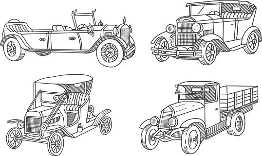 Vintage old cars. Retro cars 1910 - 1935. Doodles set. Vector illustration.