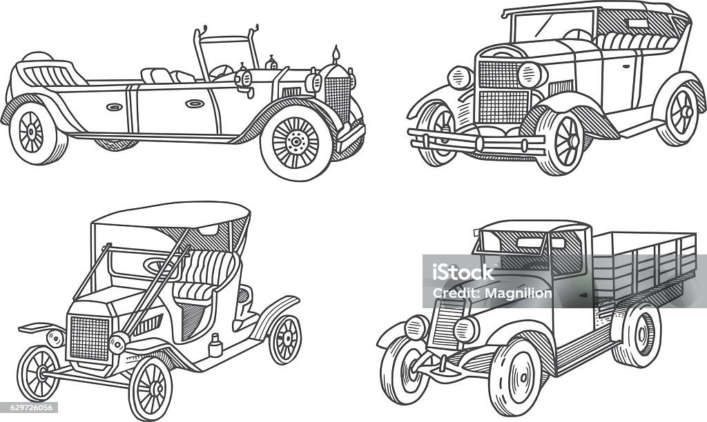 Vintage Old Car Doodles Set Vintage old cars. Retro cars 1910 - 1935. Doodles set. Vector illustration. Vintage Car stock vector