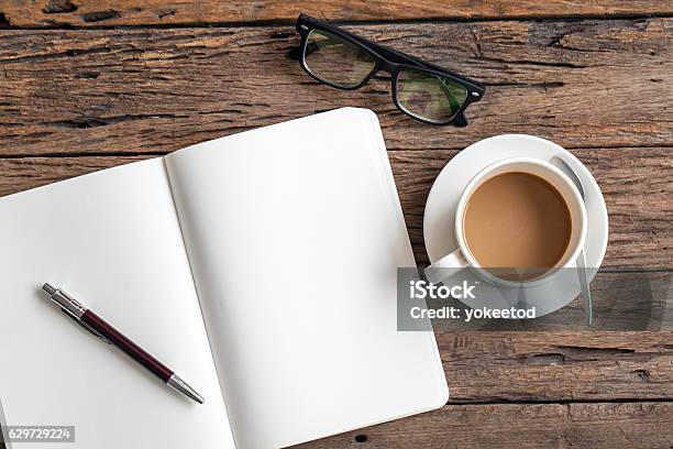 Blank Paper With Pen And Cup Of Coffee Stock Photo - Download Image Now - Note Pad, Laptop, Coffee - Drink