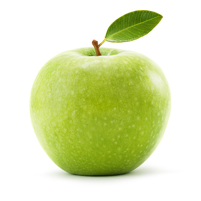 Manzana verde con hoja aislada sobre blanco. Trazado de recorte incluido. photo