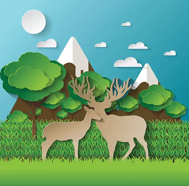 Vector illustration of deers in the forest.paper art style.
