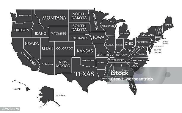 Usa Map Labelled Black Stock Illustration - Download Image Now - Map, US State Border, USA