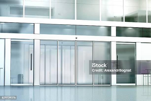 Blank Commercial Building Glass Entrance Mockup Stock Photo - Download Image Now - Sliding Door, Store, Automatic