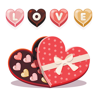 Set chocolates sweets for Valentine s Day. Colored candy in heart-shaped box of chocolates, Valentine s Day icons