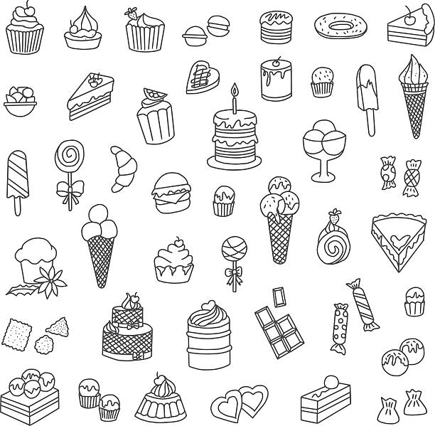 Confectionery Doodles Confectionery Doodles Set. Sweets, cakes, cream cakes, muffins and others. Vector Illustration.  doodle stock illustrations