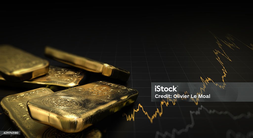 Gold Price, Commodities Investment 3D illustration of gold ingots over black background with a chart. Financial concept, horizontal image. Gold - Metal Stock Photo