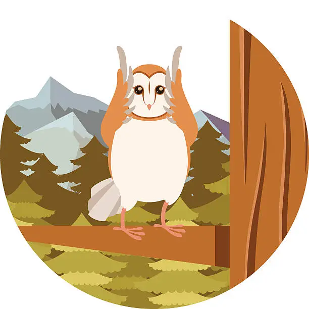 Vector illustration of Screech-Owl on the flat tree background