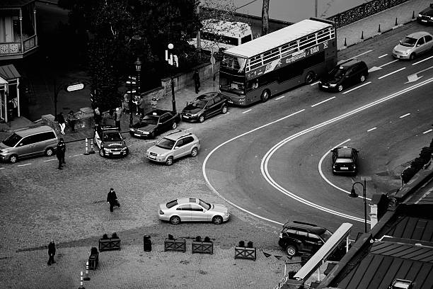 Belgrade, Serbia - September 26, 2017: One of downtown streets during day, traffic jam on semaphore.