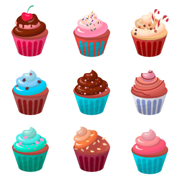 süße lebensmittel schokolade cremige cupcake set isoliert vektor illustration - muffin stock-grafiken, -clipart, -cartoons und -symbole