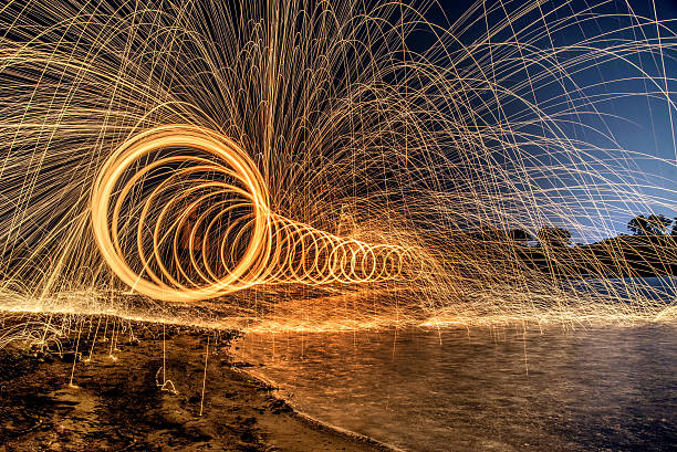 The work of glowing sparks from spinning steel wool..