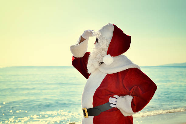 istock Christmas Vacation - Santa standing on the beach, looking for 629758702