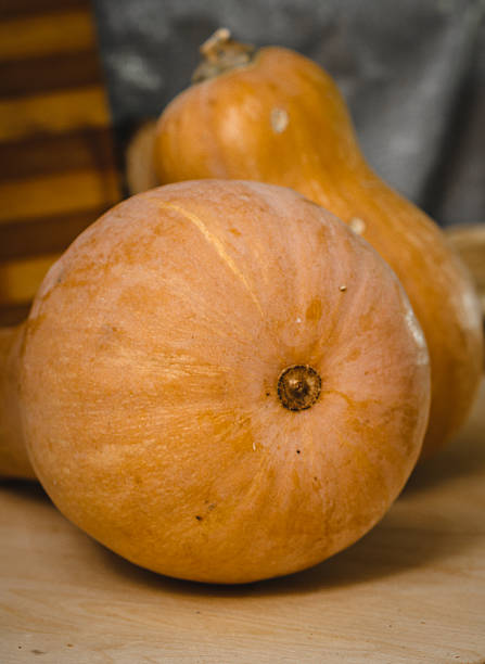 istock Two pumpkins on wooden table. against the backdrop of coasters 629758802