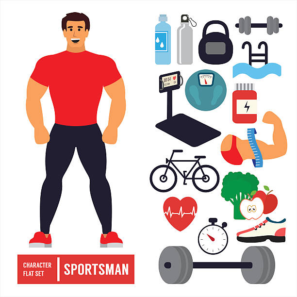 Fitness infographic. Vector icons Fitness character set. Athlete man training in gym with sport icons. Powerlifting. Flat Vector Icons. cartoon muscular man lifting heavy weights stock illustrations