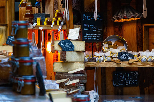 London, UK - November 7, 2016 - Variety of cheese on display in Borough Market