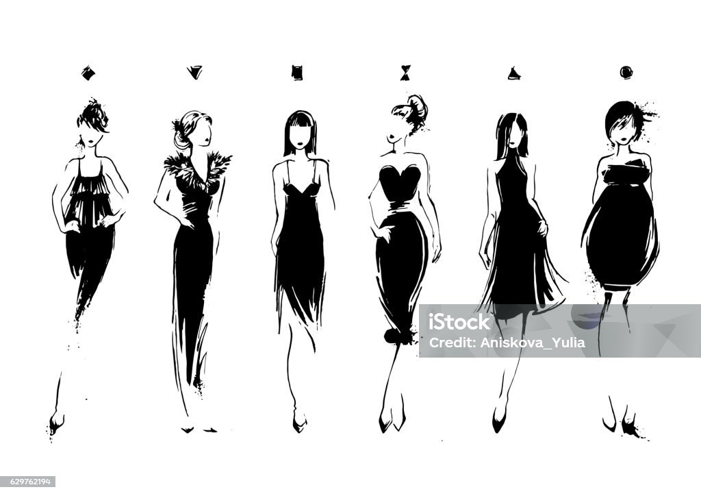 Fashion models in sketch style. Collection of evening dresses. Female Fashion models in sketch style. Collection of evening dresses. Female body types. Hand drawn vector illustration EPS10 Fashion stock vector