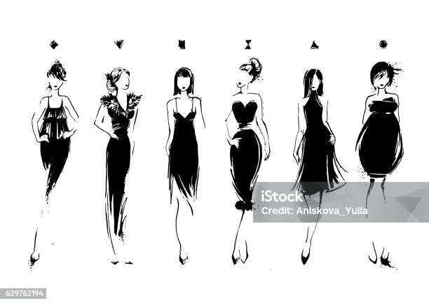 Fashion Models In Sketch Style Collection Of Evening Dresses Female Stock Illustration - Download Image Now