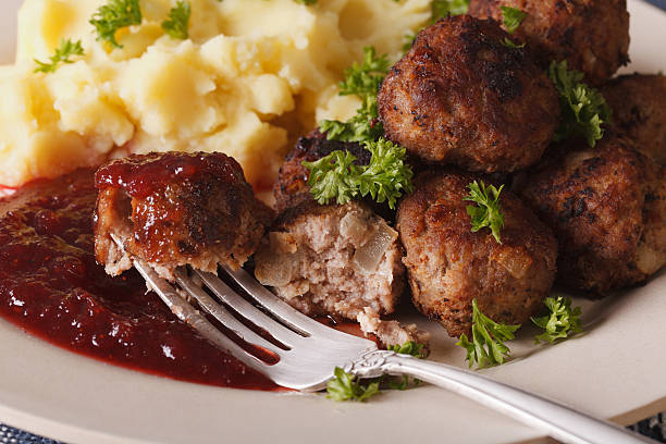istock Swedish food: meatballs kottbullar, lingonberry sauce and mashed 629762492