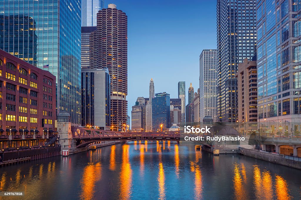 Chicago Downtown. Cityscape image of Chicago downtown during twilight blue hour.  Chicago - Illinois Stock Photo