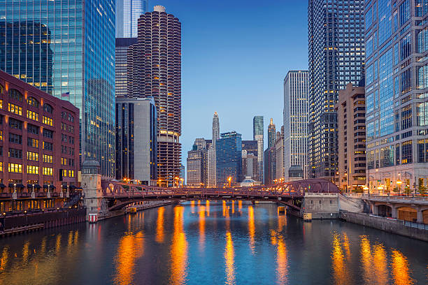 Chicago Downtown. Cityscape image of Chicago downtown during twilight blue hour.  blue hour twilight photos stock pictures, royalty-free photos & images