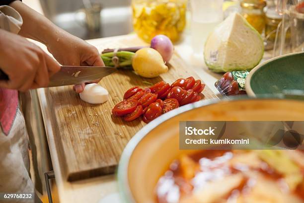 Happy Japanese Mother Cooking For Family And Friends Stock Photo - Download Image Now