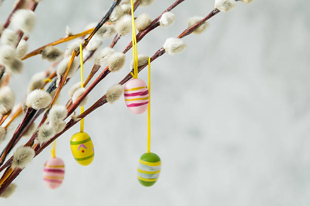 Easter decorations on pussy willow stock photo
