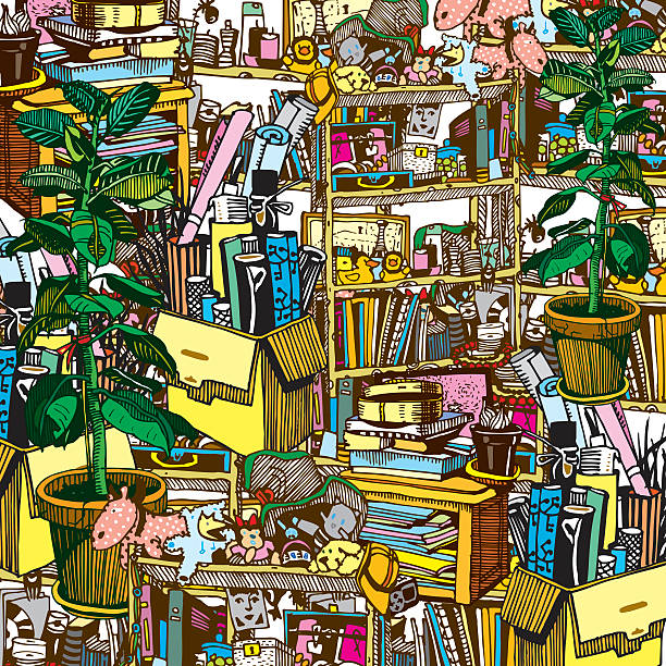 Home Stuff. Messy and Chaotic Room of Artistic Person. Home Stuff. Messy and Chaotic Room of Artistic Person. Hand Drawn Illustration. cluttered photos stock illustrations
