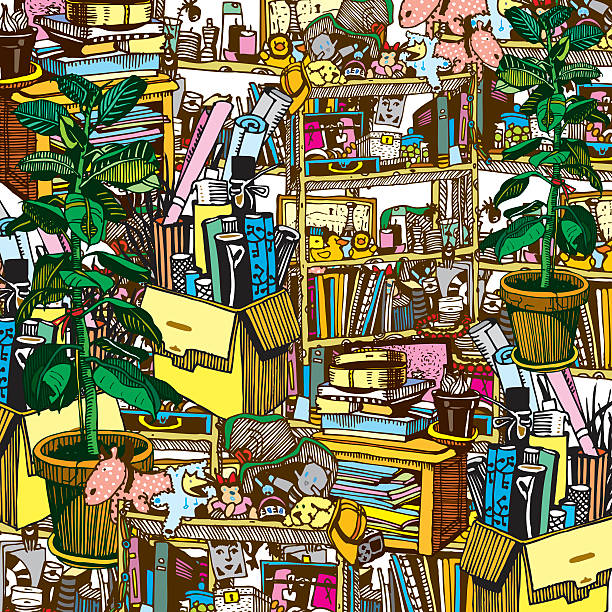 Home Stuff. Messy and Chaotic Room of Artistic Person. Home Stuff. Messy and Chaotic Room of Artistic Person. Hand Drawn Illustration. home fragrance stock illustrations