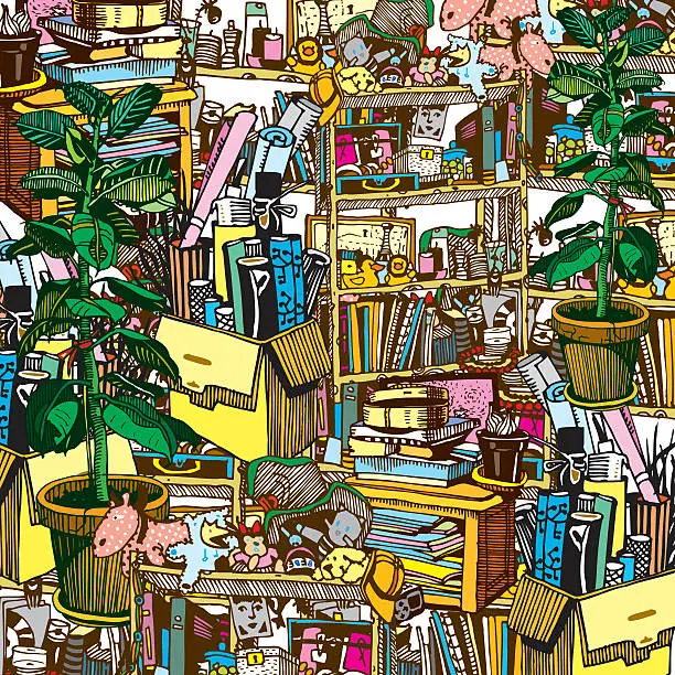 Vector illustration of Home Stuff. Messy and Chaotic Room of Artistic Person.