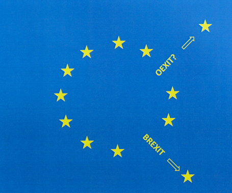 yellow stars against blue Background with the two words Brexit and Oexit